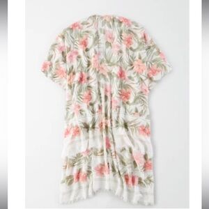 American Eagle Outfitters Hibiscus Hawaiian Floral Kimono - Pink, Coral & Green
